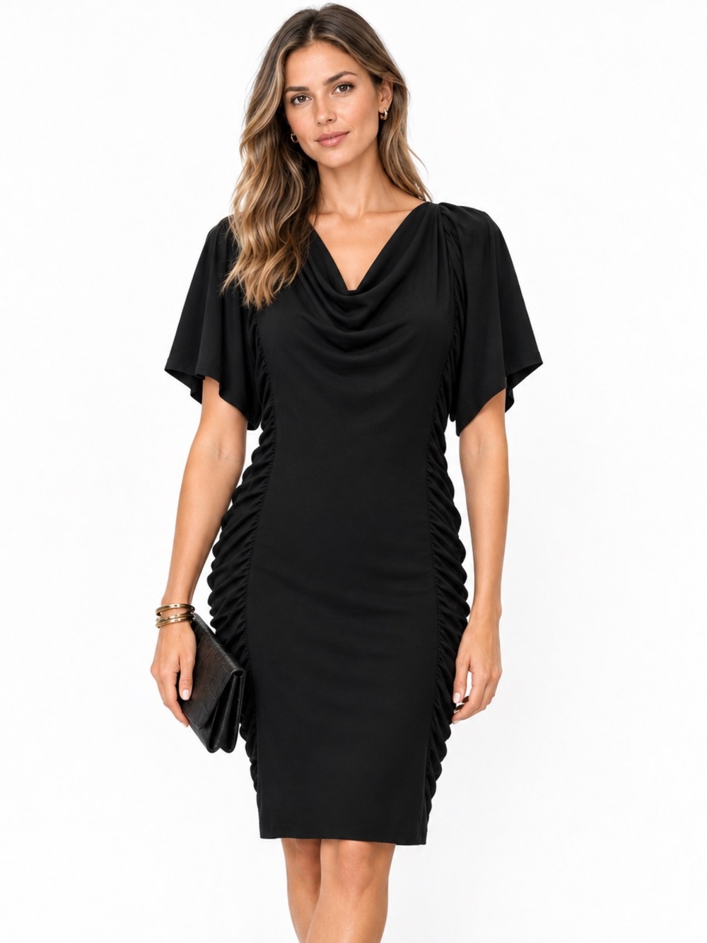 LOS ANGELES | Little Black Dress Draping sleeve & side ruched.